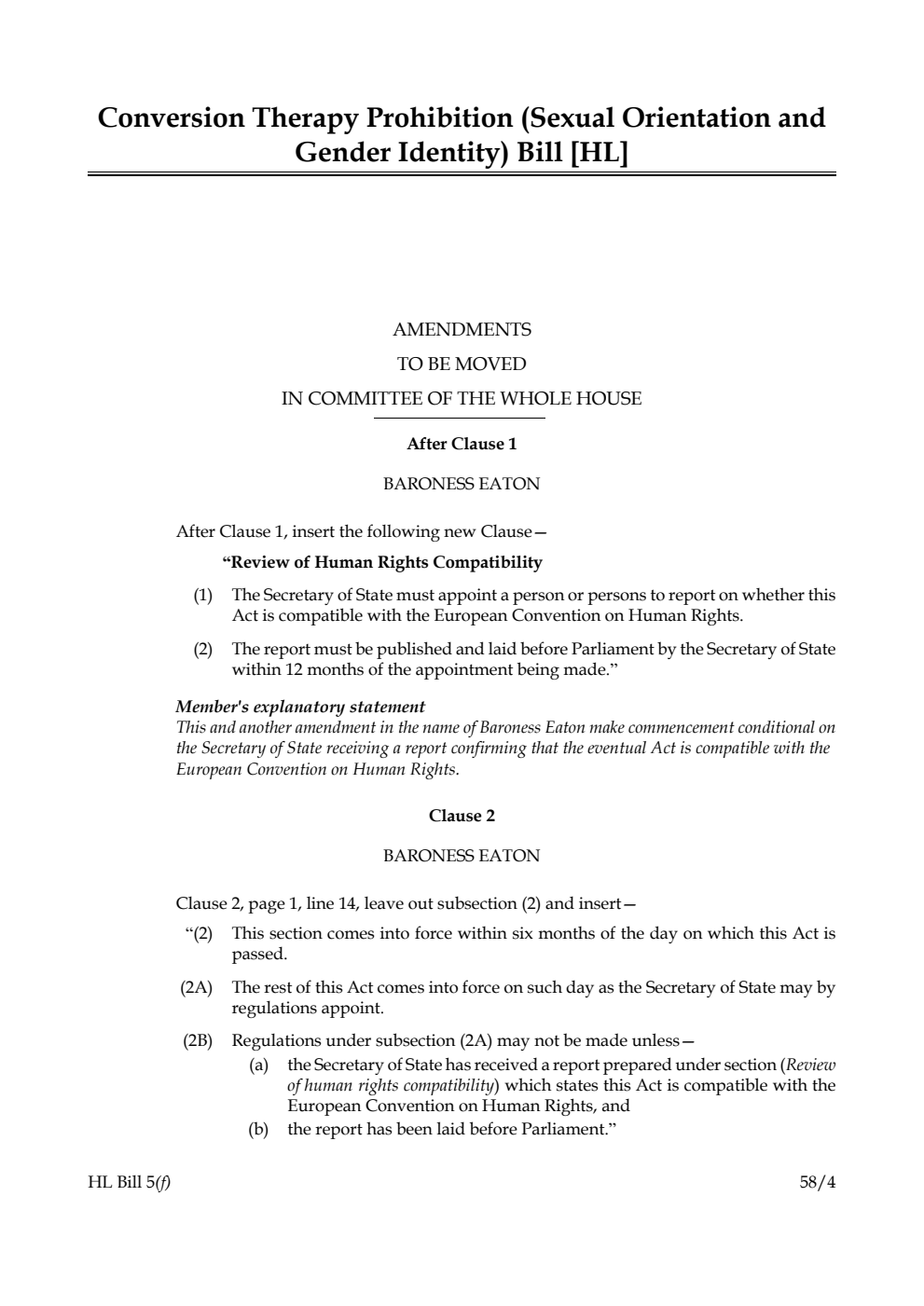 Conversion Therapy Prohibition (Sexual Orientation and Gender Identity) Bill Amendments to be moved in Committee of the Whole House