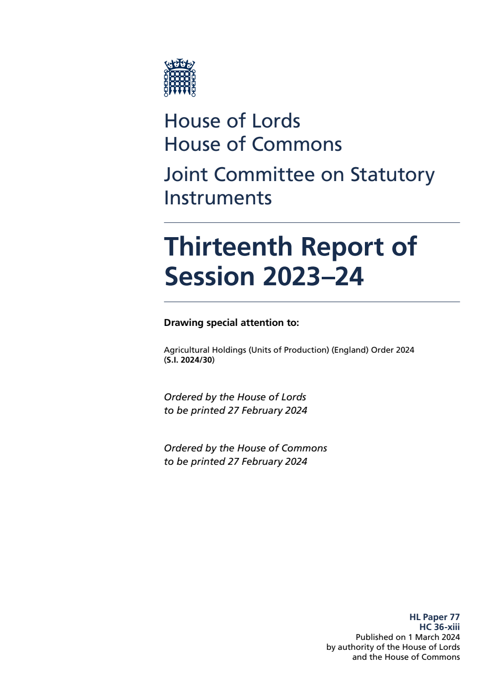 Joint Committee on Statutory Instruments 13th Report of Session 2023-24