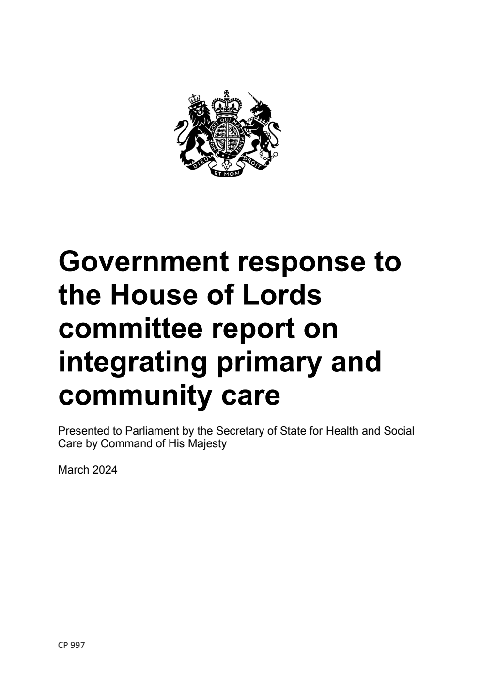 Government response to the House of Lords committee report on integrating primary and community care