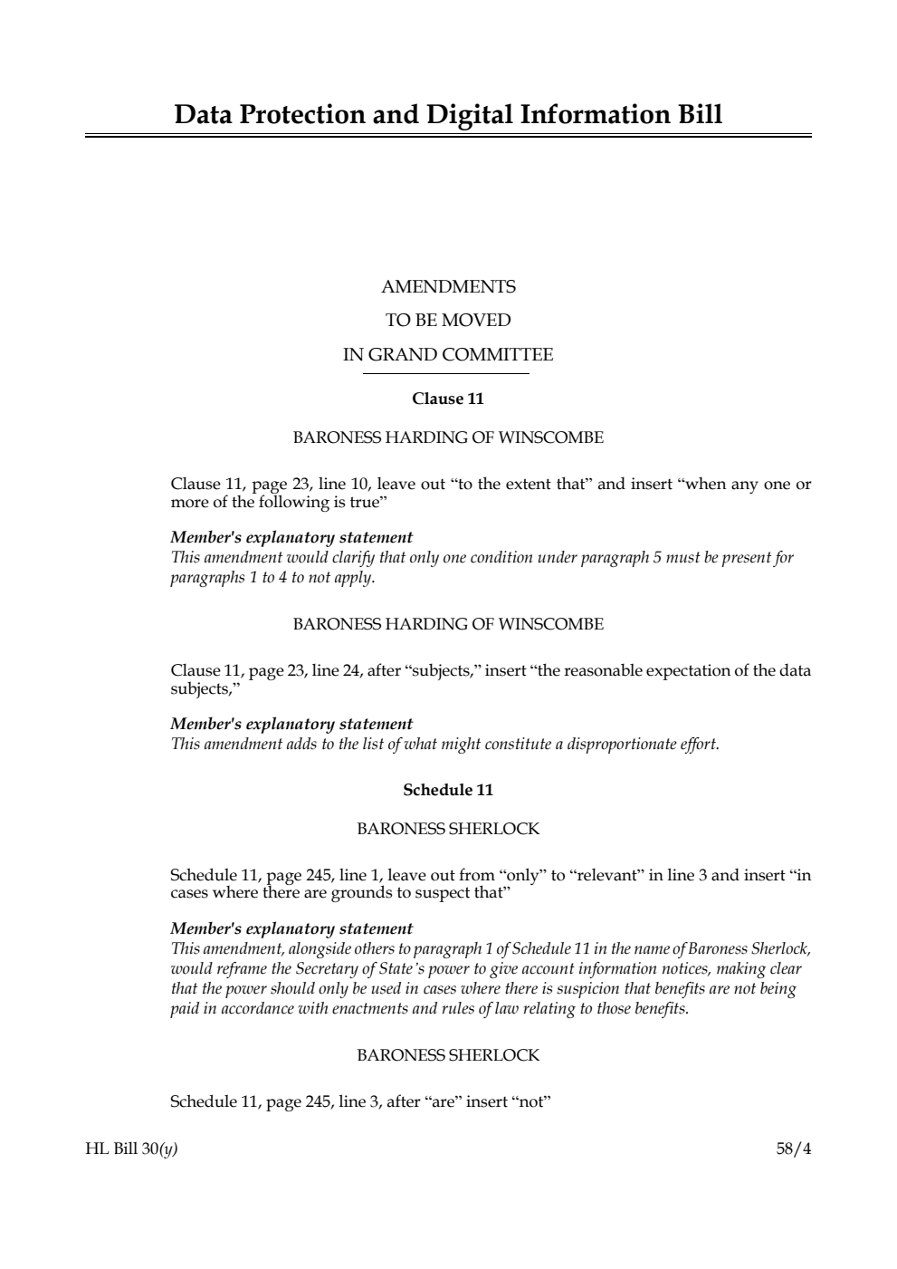 Data Protection and Digital Information Bill Amendments to be moved in Grand Committee