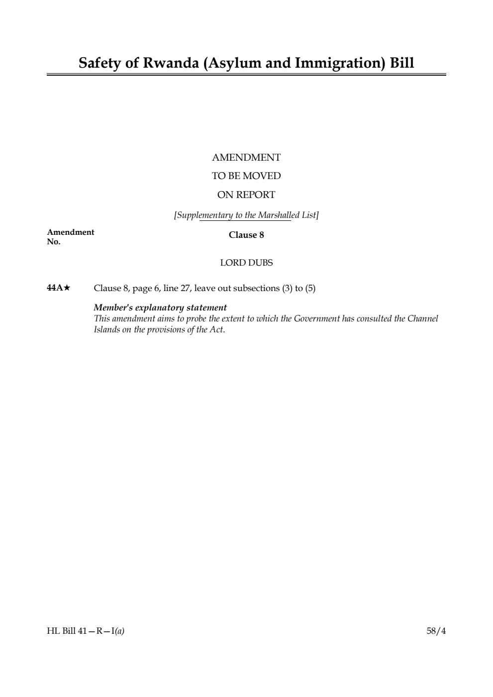 Safety of Rwanda (Asylum and Immigration) Bill Amendment to be moved on report [Supplementary to the Marshalled List] 