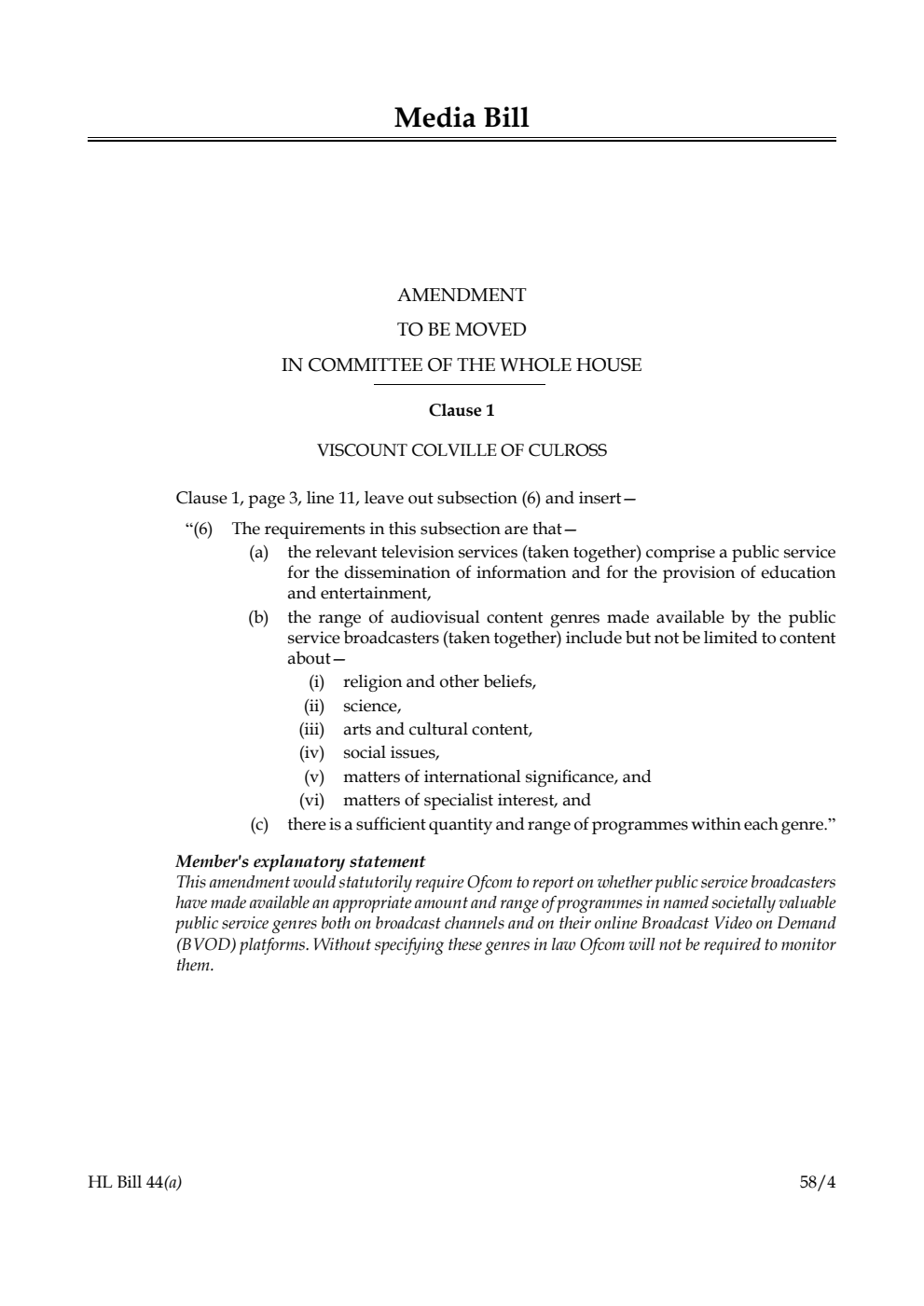 Media Bill Amendment to be moved in Committee of the Whole House