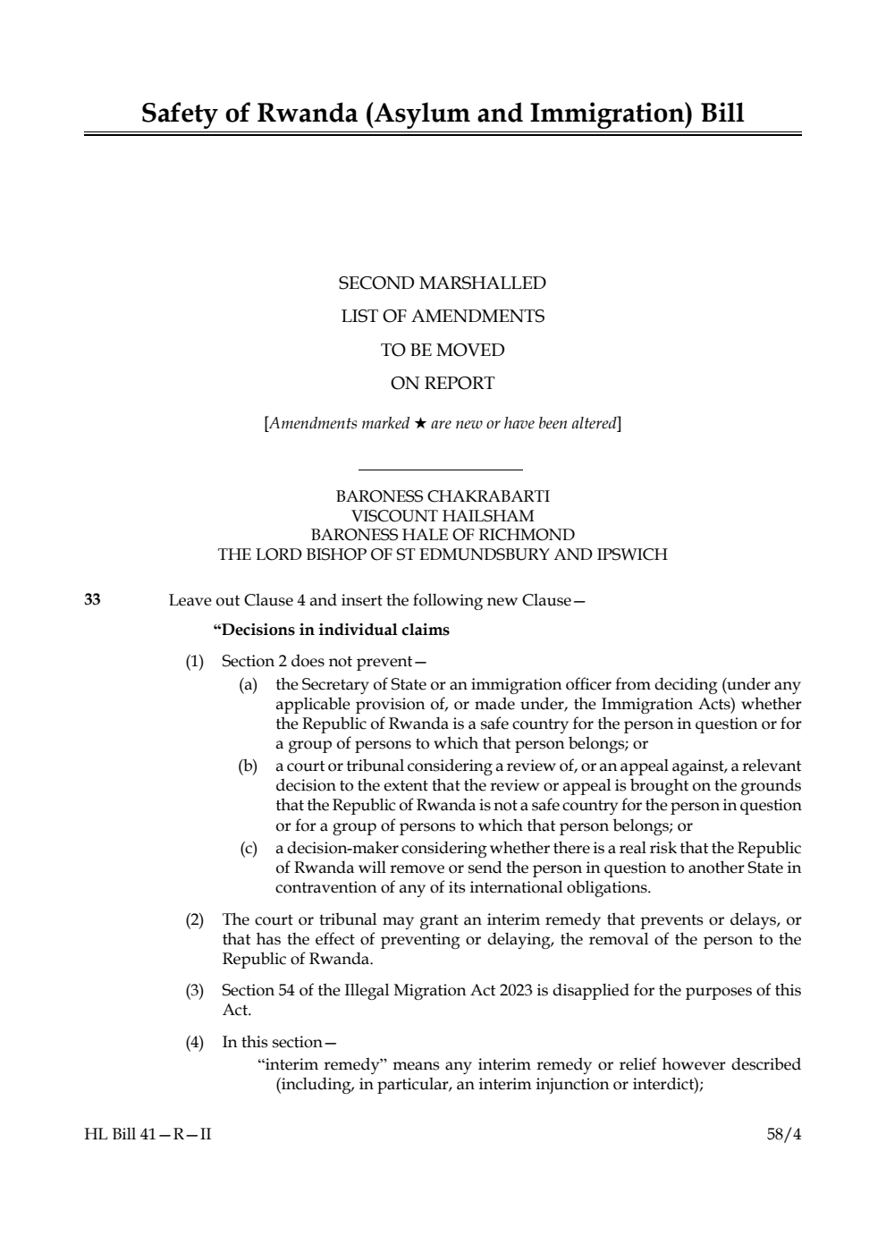 Safety of Rwanda (Asylum and Immigration) Bill Second Marshalled List of amendments to be moved on report