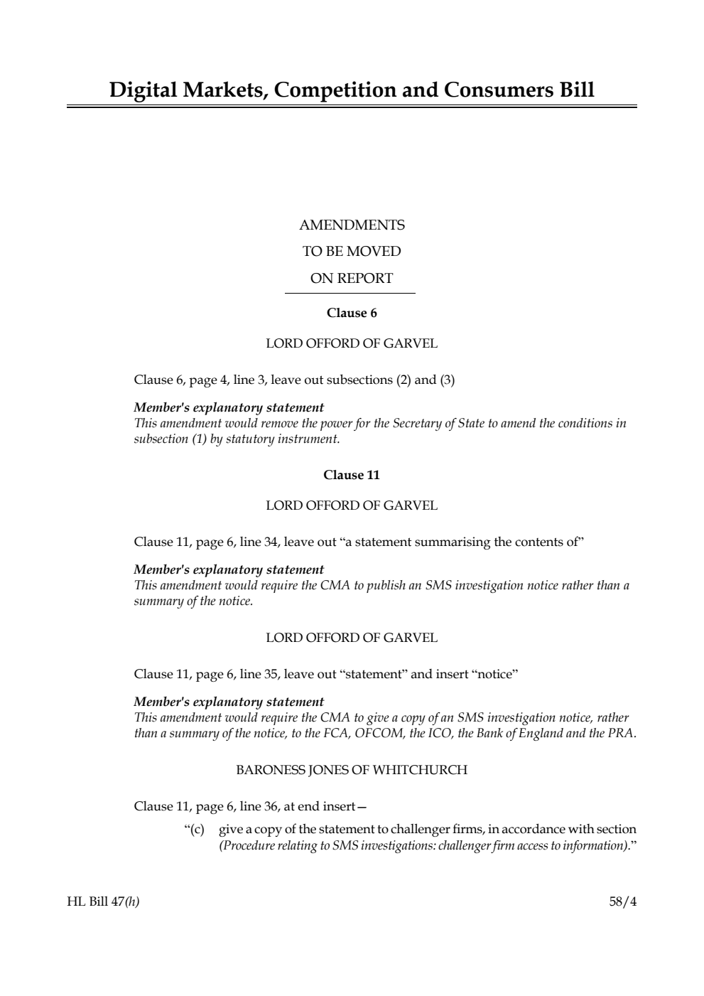 Digital Markets, Competition and Consumers Bill Amendments to be moved on report
