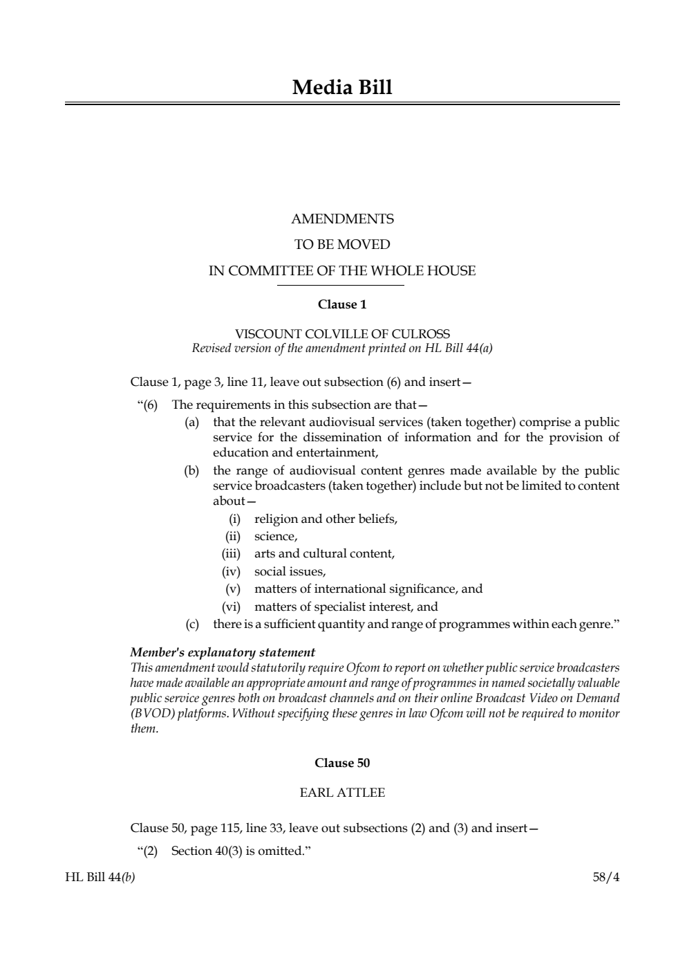 Media Bill Amendments to be moved in Committee of the Whole House