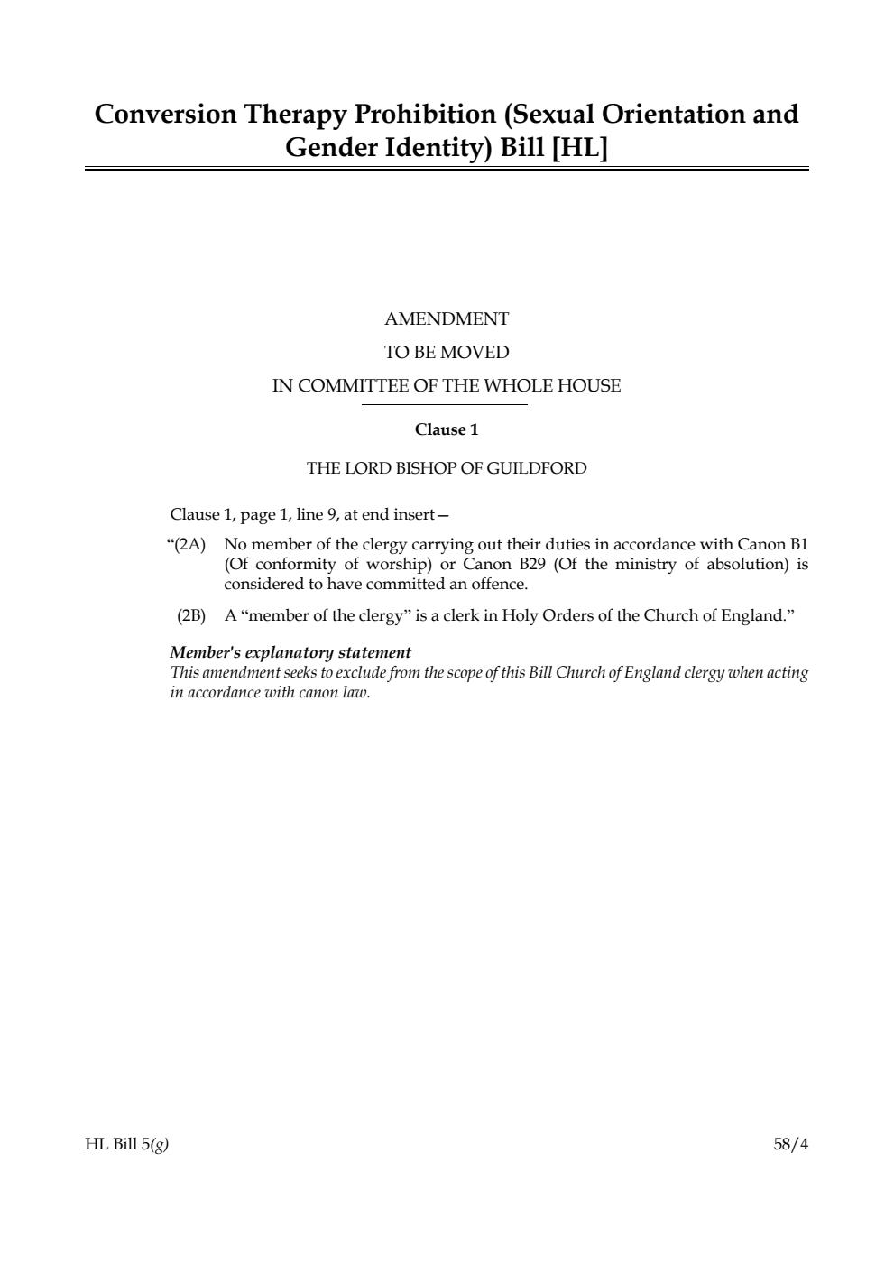 Conversion Therapy Prohibition (Sexual Orientation and Gender Identity) Bill Amendment to be moved in Committee of the Whole House
