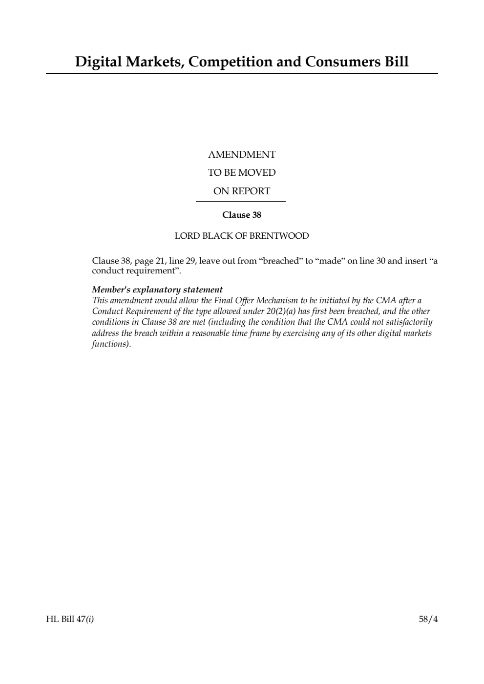 Digital Markets, Competition and Consumers Bill Amendment to be moved on report