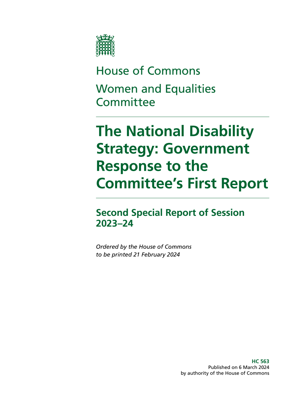 Women and Equalities Committee 2nd Special Report. The National Disability Strategy: Government Response to the Committee’s First Report