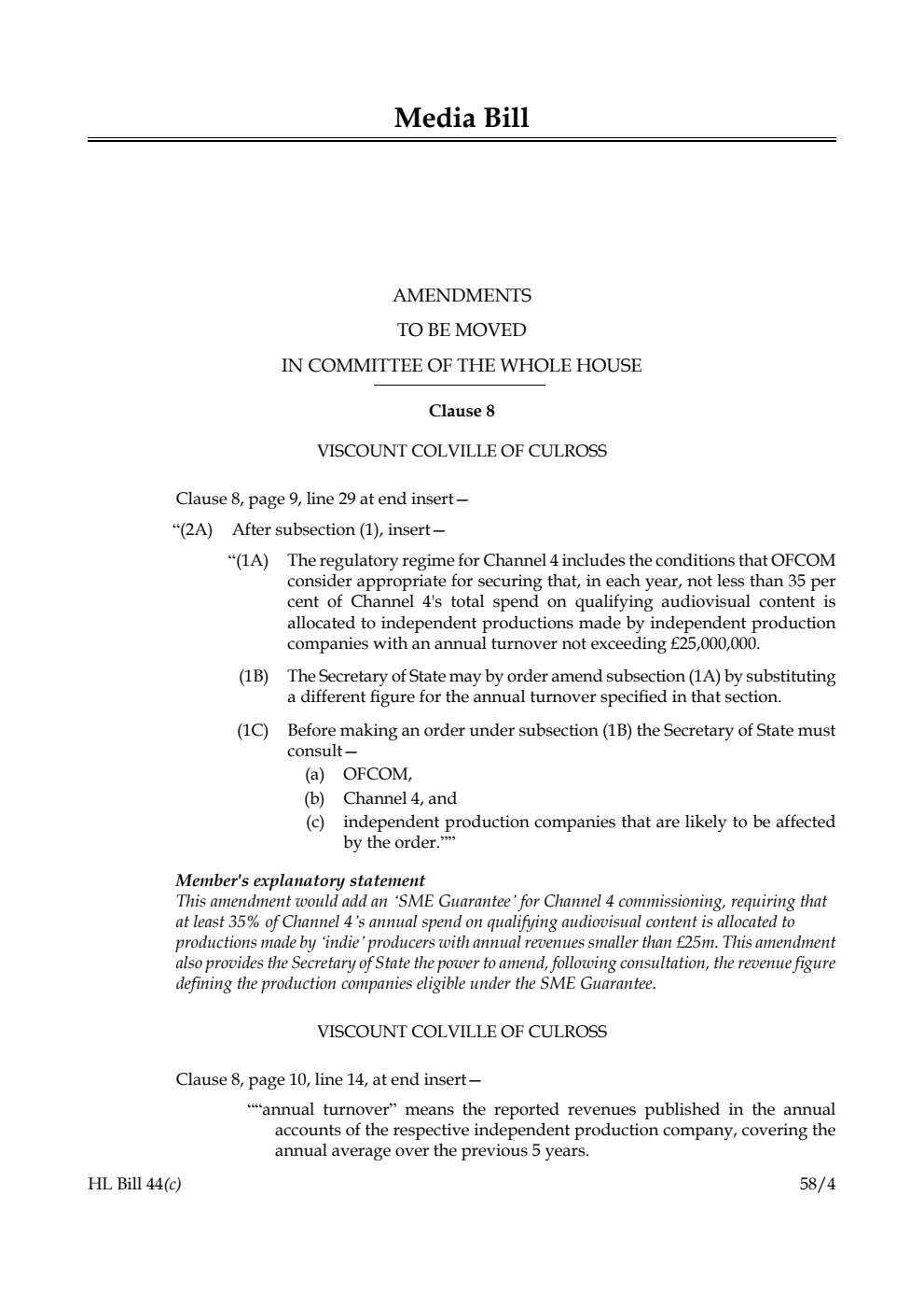 Media Bill Amendments to be moved in Committee of the Whole House