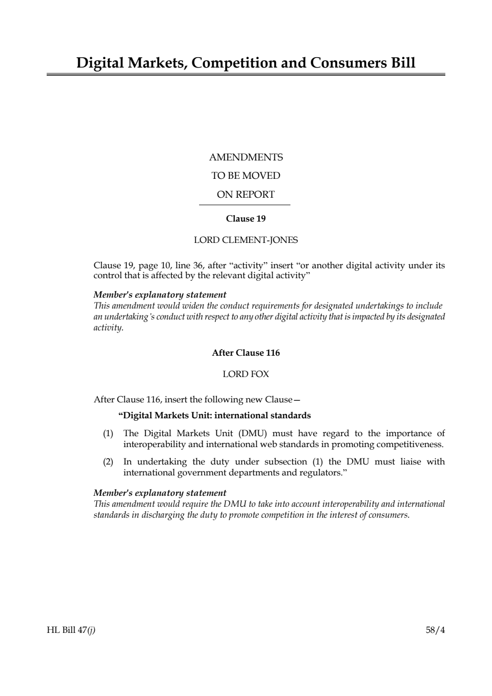 Digital Markets, Competition and Consumers Bill Amendments to be moved on report