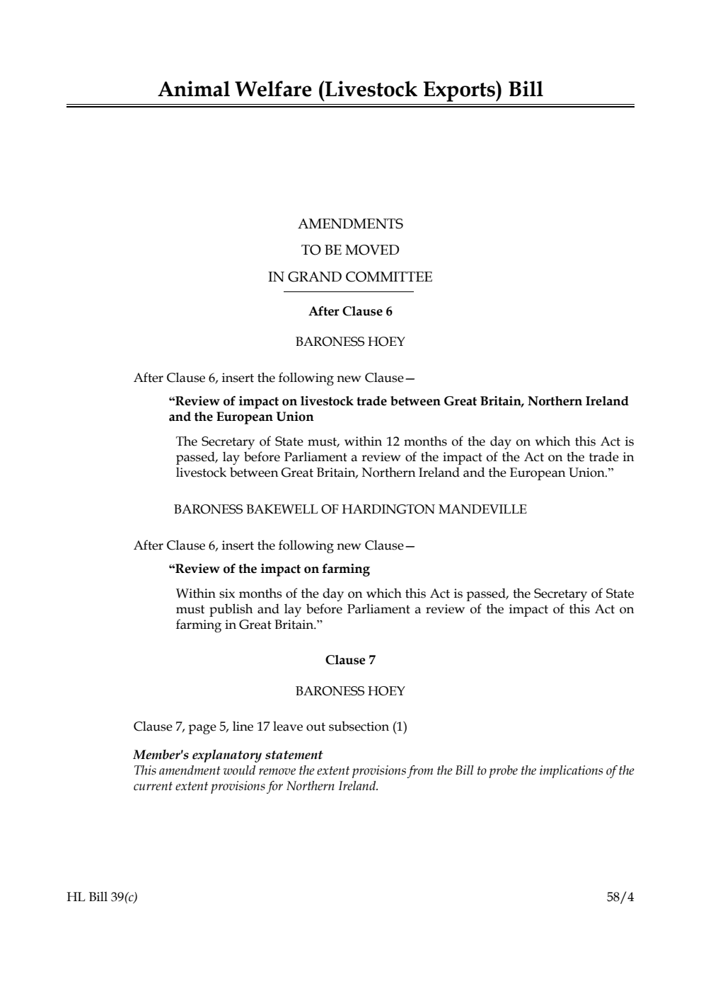 Animal Welfare (Livestock Exports) Bill Amendments to be moved in Grand Committee