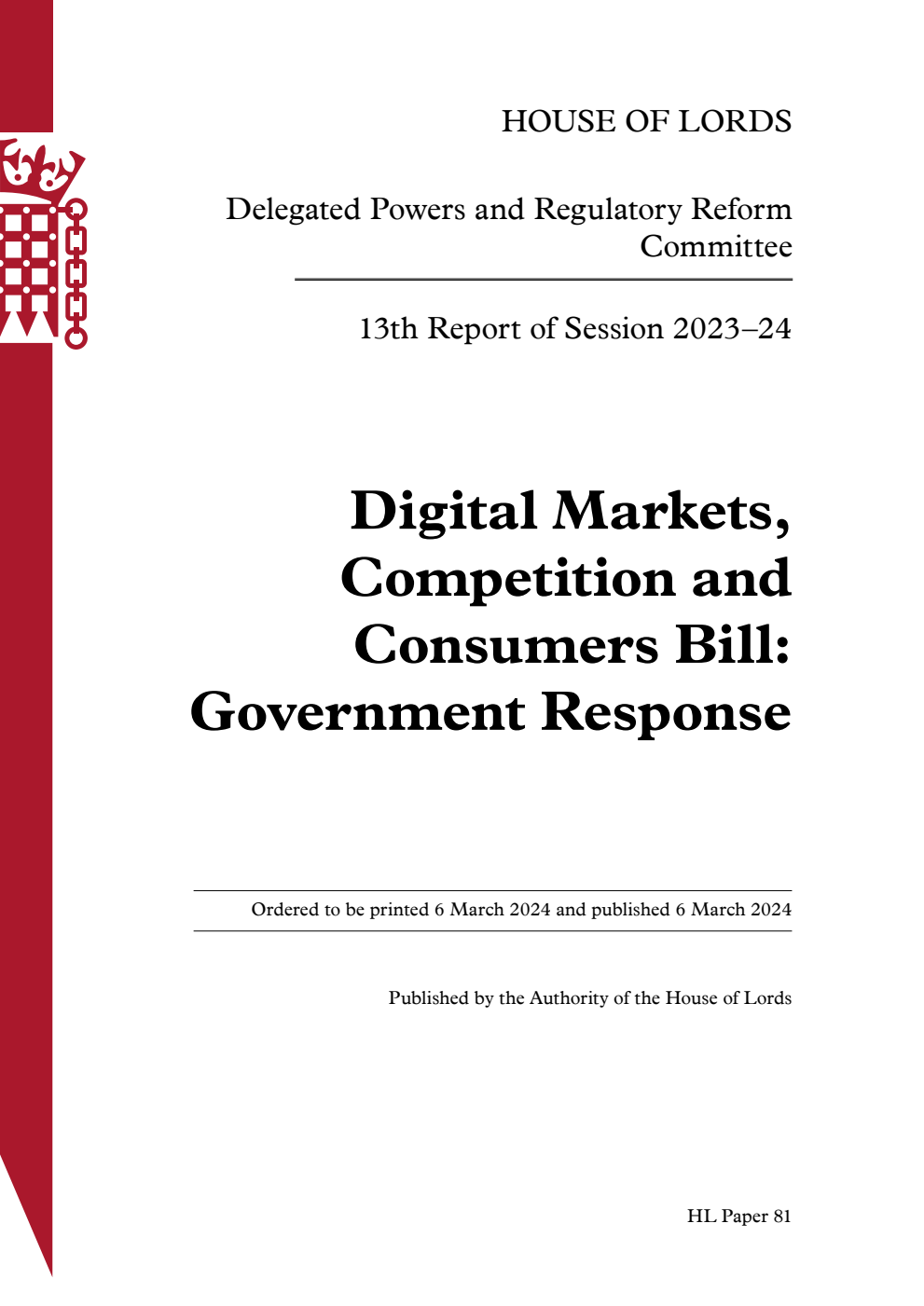 Delegated Powers and Regulatory Reform Committee 13th Report. Digital Markets, Competition and Consumers Bill: Government Response