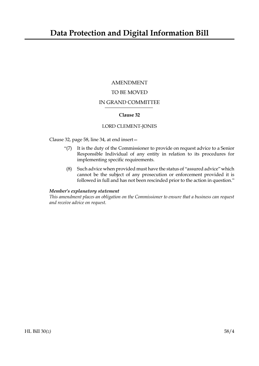 Data Protection and Digital Information Bill Amendment to be moved in Grand Committee