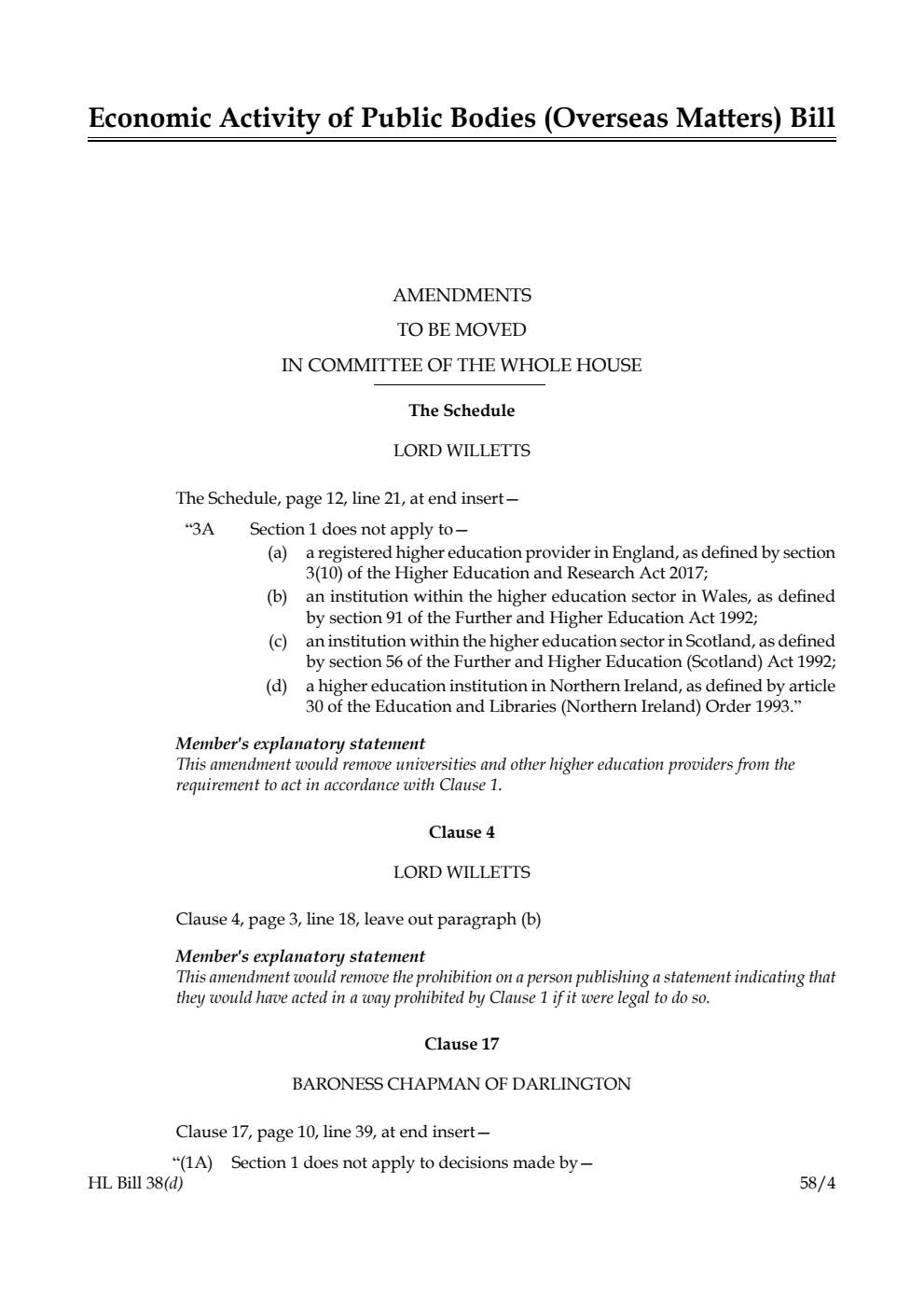 Economic Activity of Public Bodies (Overseas Matters) Bill Amendments to be moved in Committee of the Whole House