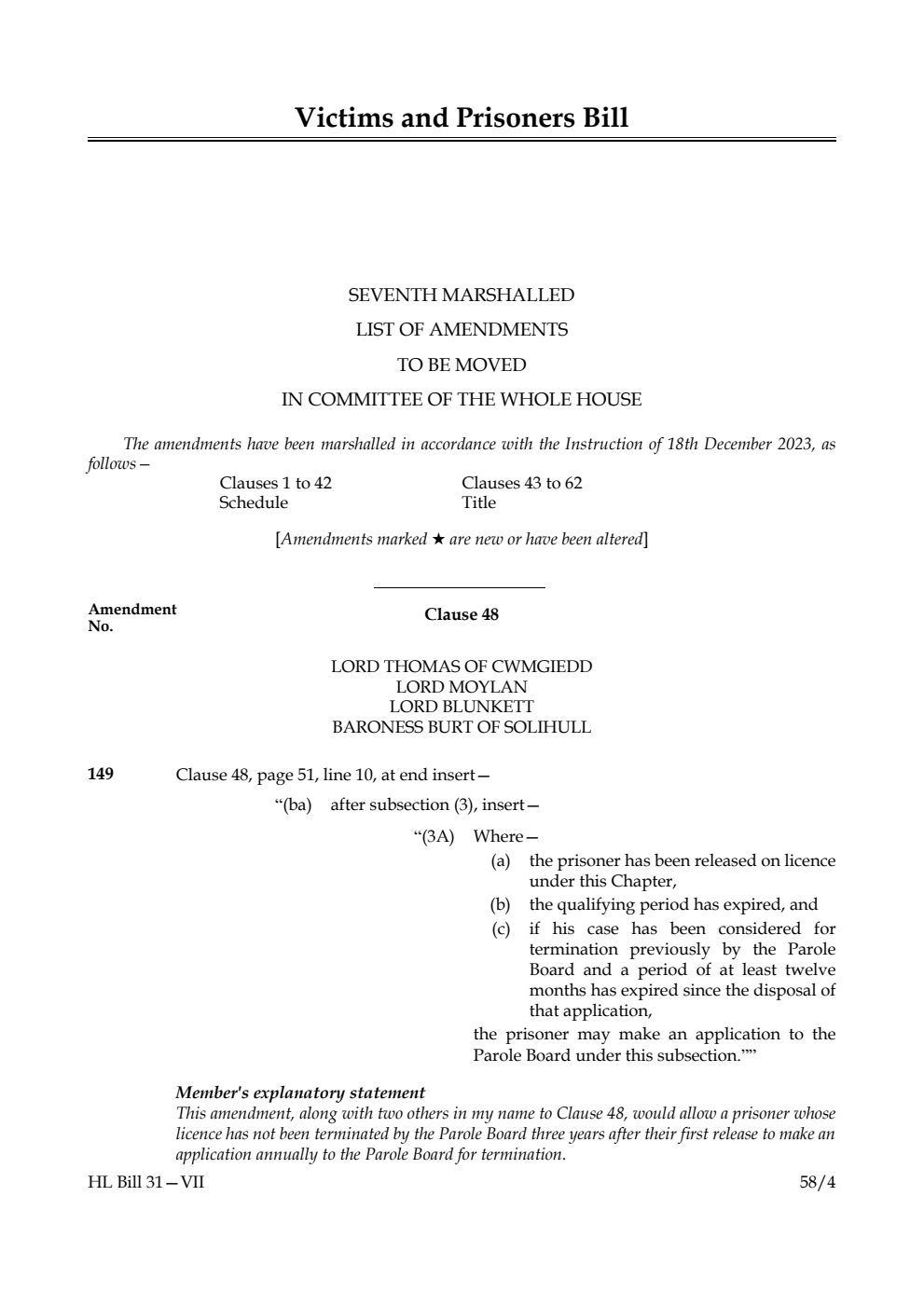 Victims and Prisoners Bill Seventh Marshalled List of amendments to be moved in Committee of the Whole House