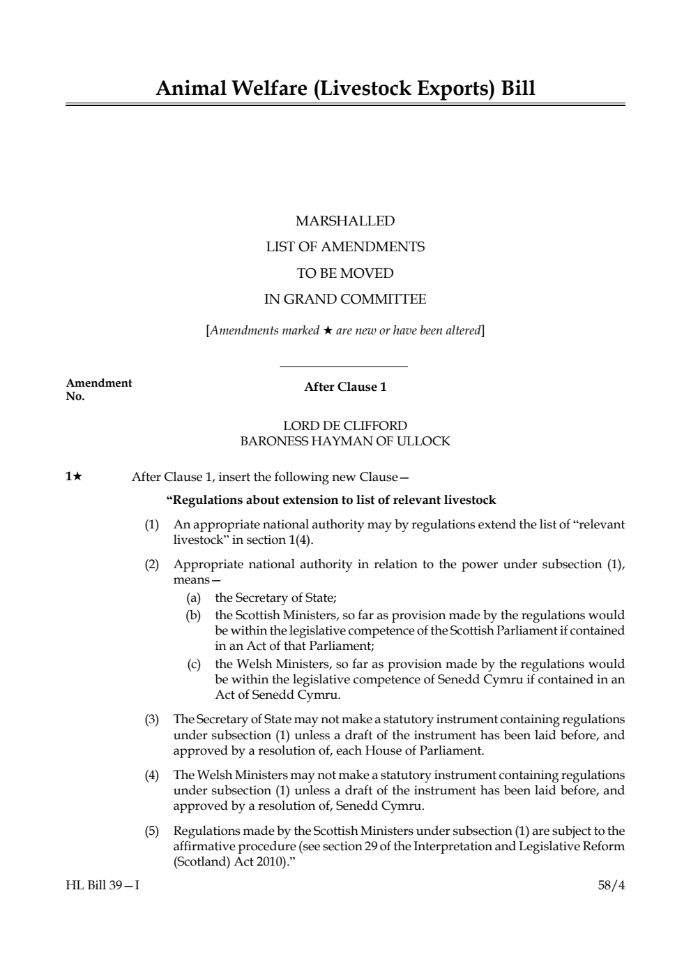 Animal Welfare (Livestock Exports) Bill Marshalled List of amendments to be moved in Grand Committee
