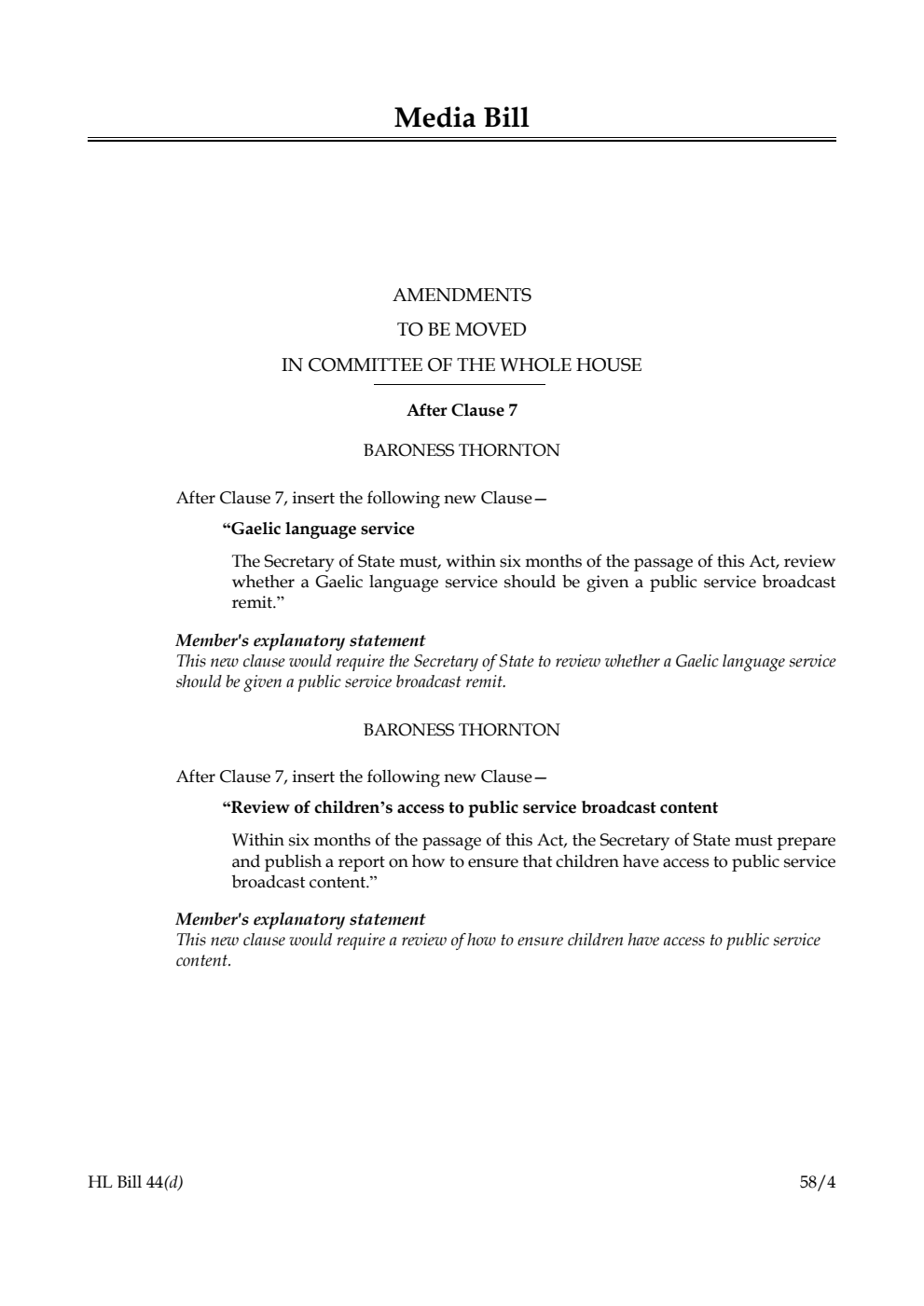 Media Bill Amendments to be moved in Committee of the Whole House