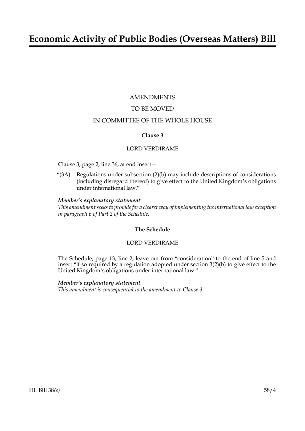 Economic Activity of Public Bodies (Overseas Matters) Bill Amendments to be moved in Committee of the Whole House