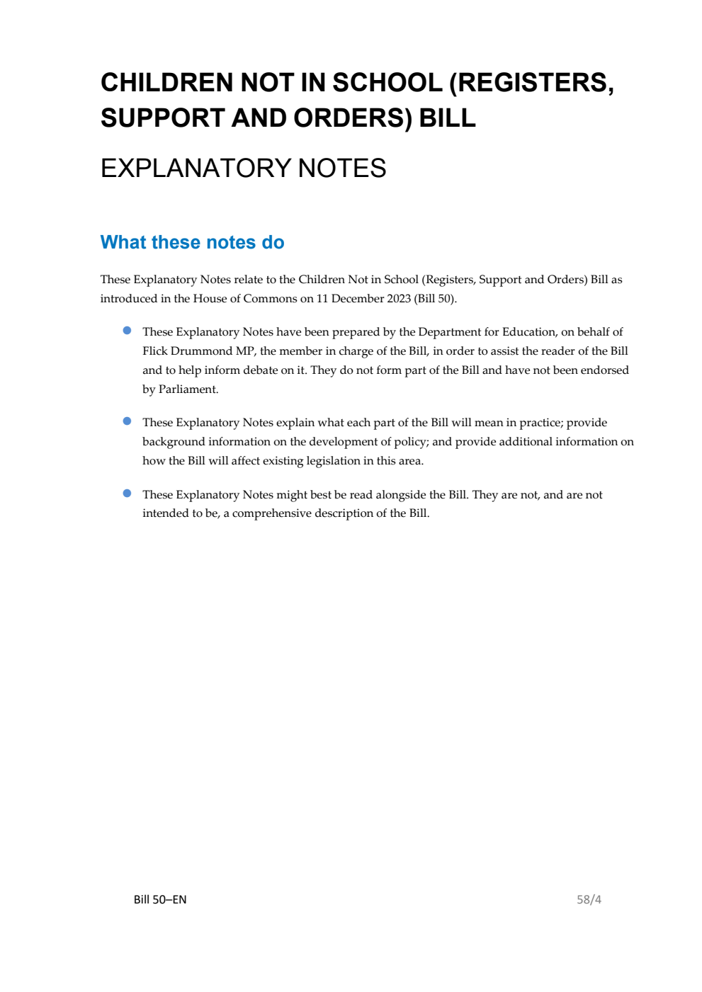 Children Not in School (Registers, Support and Orders) Bill Explanatory Notes