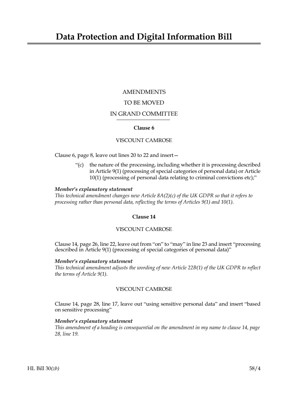 Data Protection and Digital Information Bill Amendments to be moved in Grand Committee