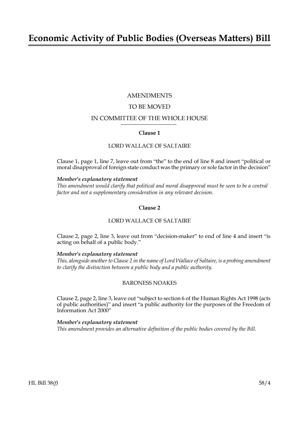 Economic Activity of Public Bodies (Overseas Matters) Bill Amendments to be moved in Committee of the Whole House