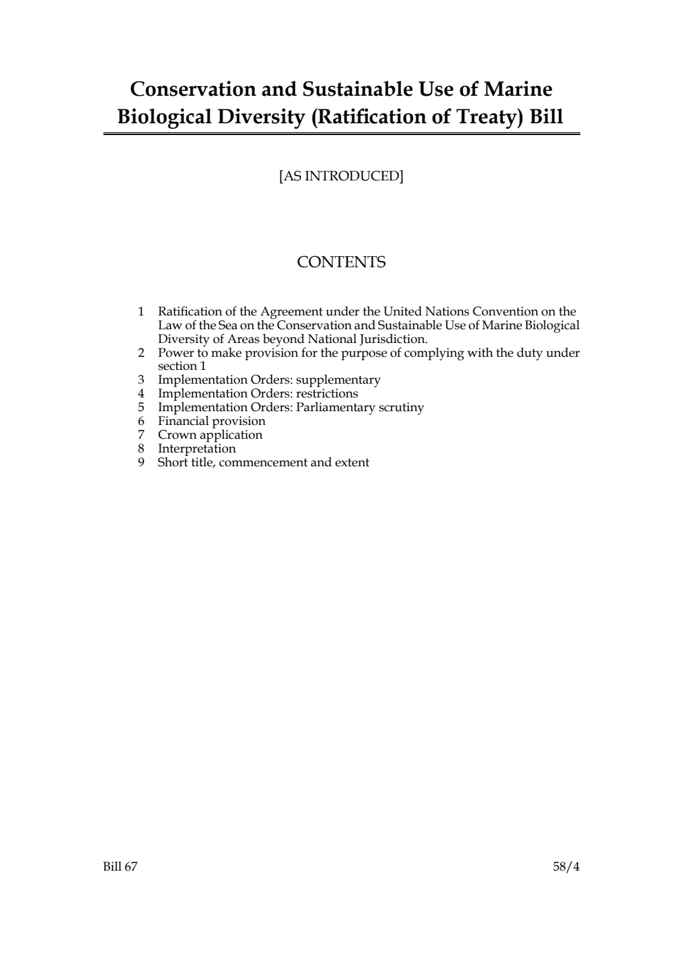 Conservation and Sustainable Use of Marine Biological Diversity (Ratification of Treaty) Bill