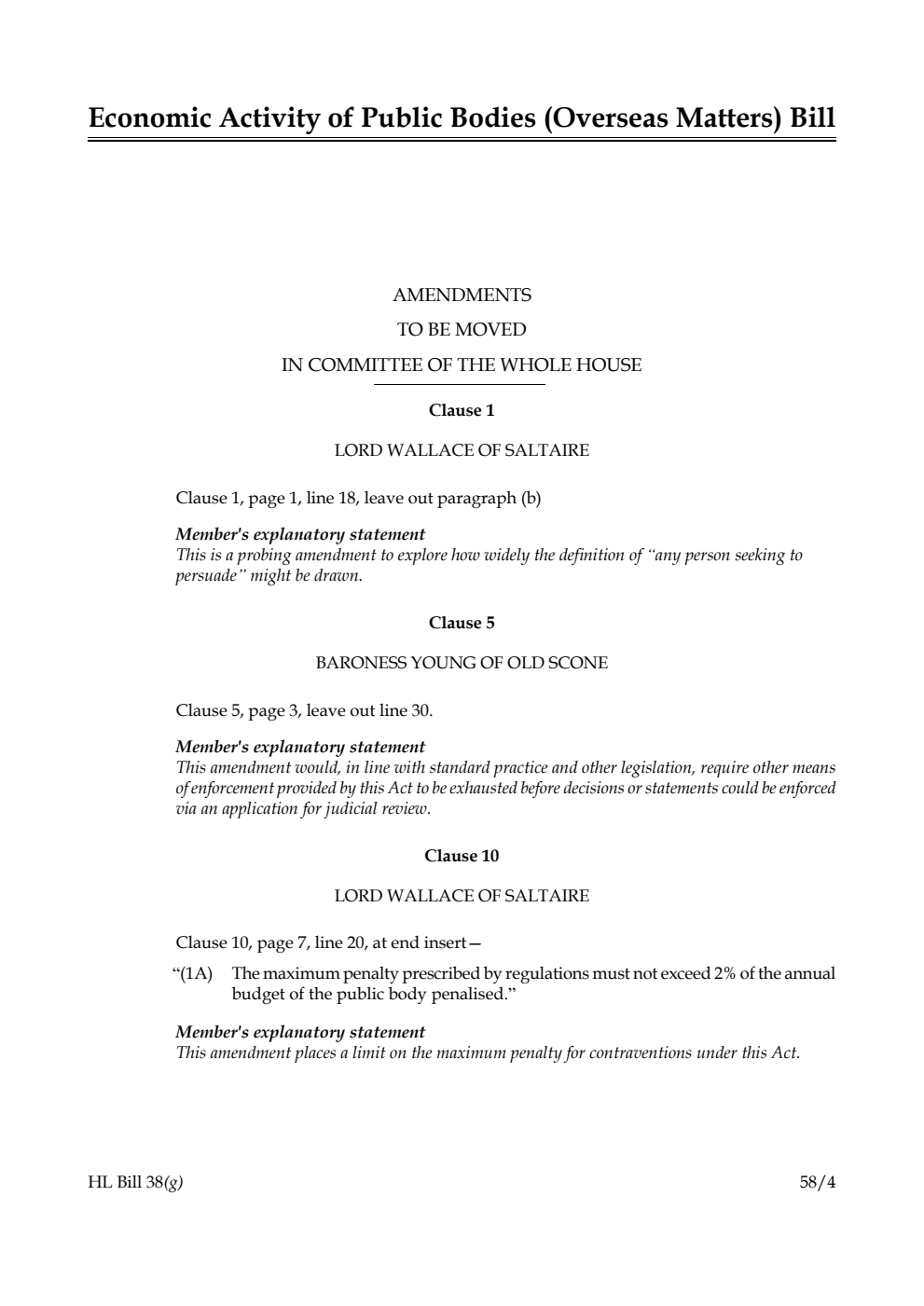 Economic Activity of Public Bodies (Overseas Matters) Bill Amendments to be moved in Committee of the Whole House
