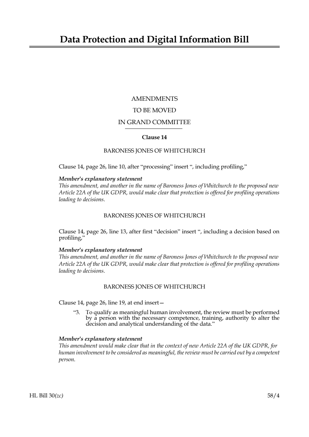 Data Protection and Digital Information Bill Amendments to be moved in Grand Committee