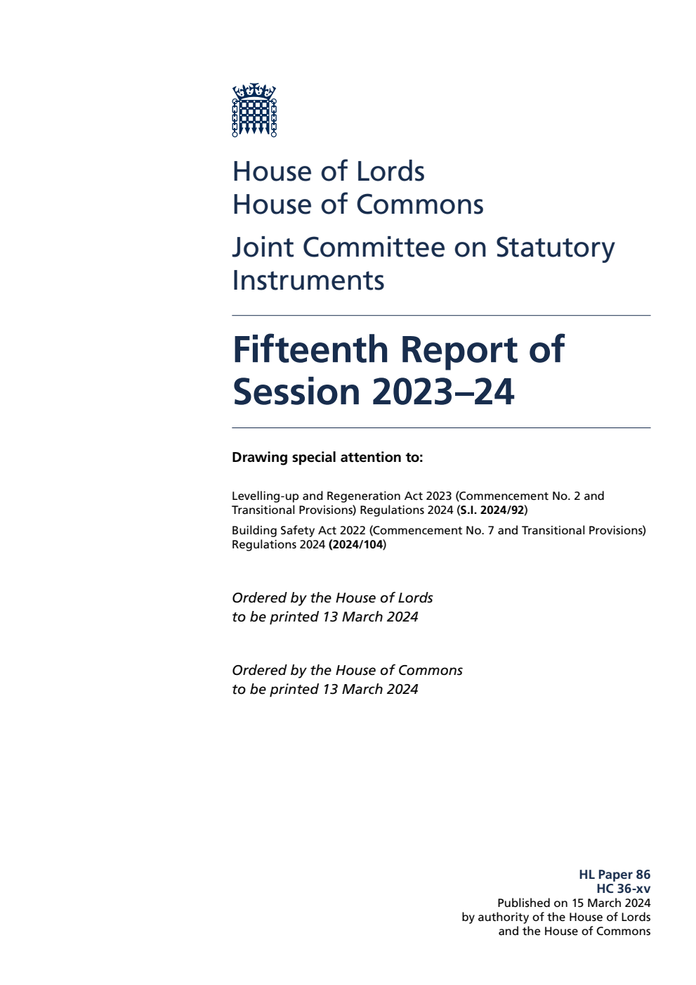 Joint Committee on Statutory Instruments 15th Report of Session 2023-24