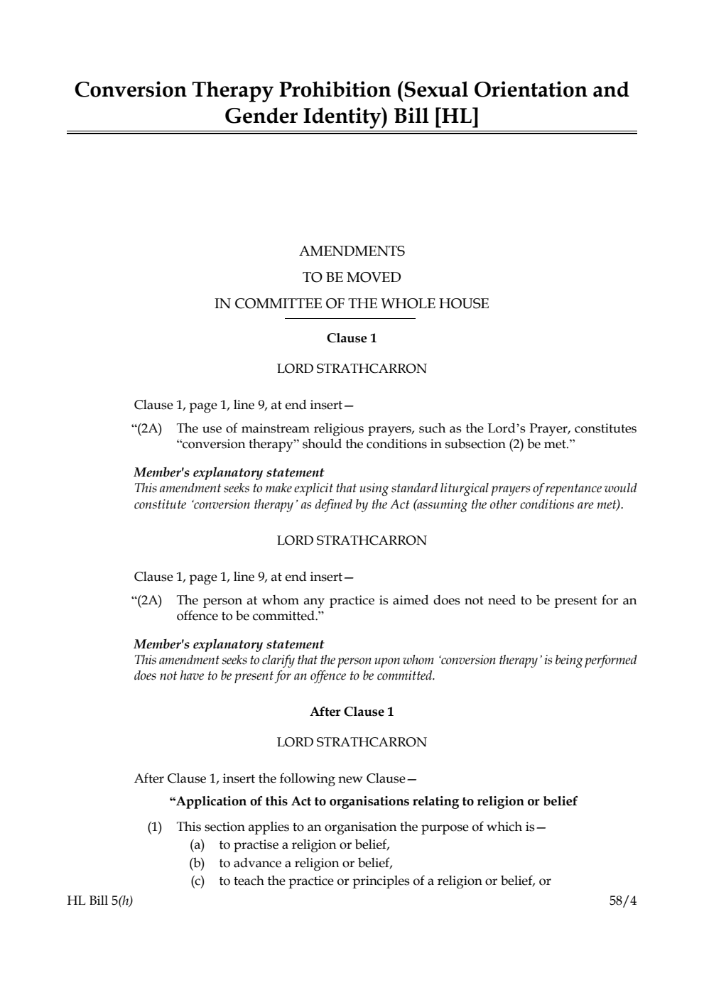 Conversion Therapy Prohibition (Sexual Orientation and Gender Identity) Bill Amendments to be moved in Committee of the Whole House
