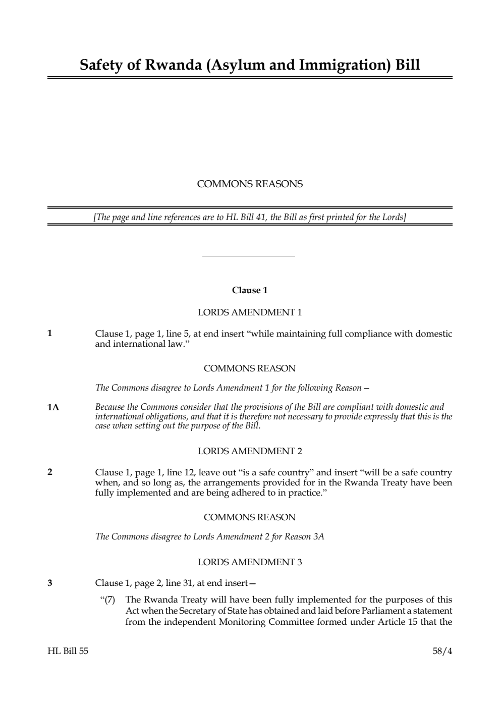 Safety of Rwanda (Asylum and Immigration) Bill Commons reasons