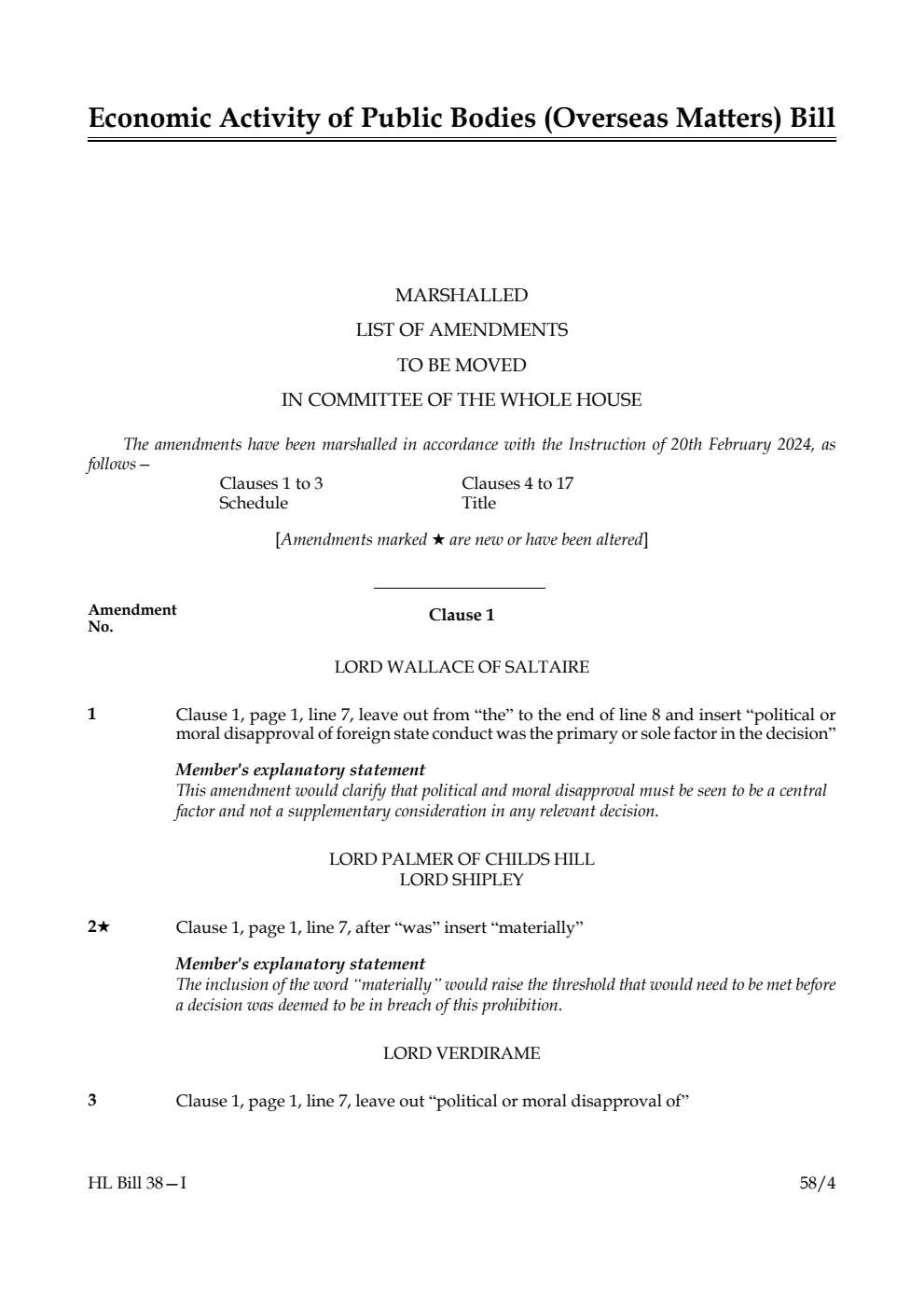Economic Activity of Public Bodies (Overseas Matters) Bill Marshalled List of amendments to be moved in Committee of the Whole House