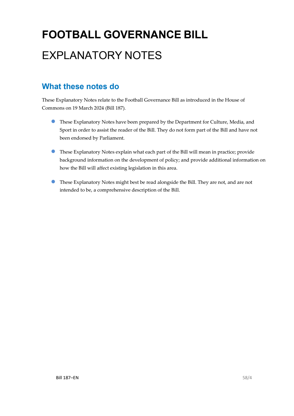 Football Governance Bill Explanatory Notes