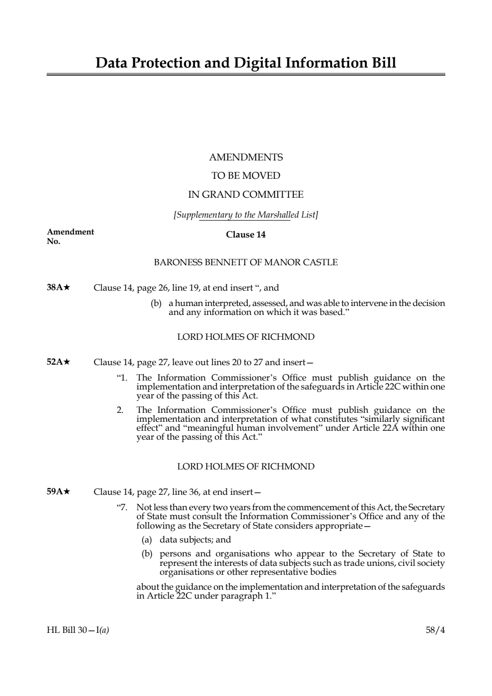 Data Protection and Digital Information Bill Amendments to be moved in Grand Committee [Supplementary to the Marshalled List] 