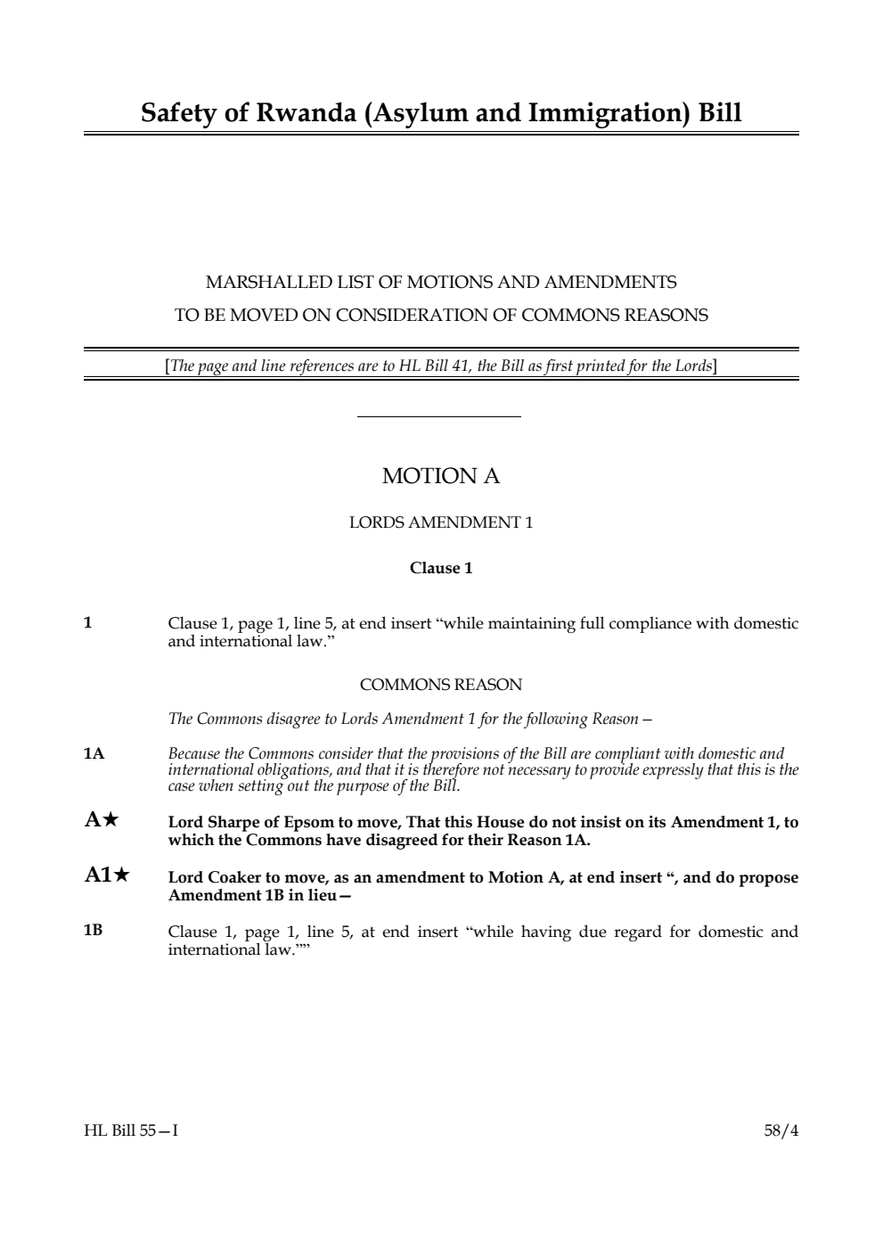Safety of Rwanda (Asylum and Immigration) Bill Marshalled List of motions and amendments to be moved on consideration of Commons reasons