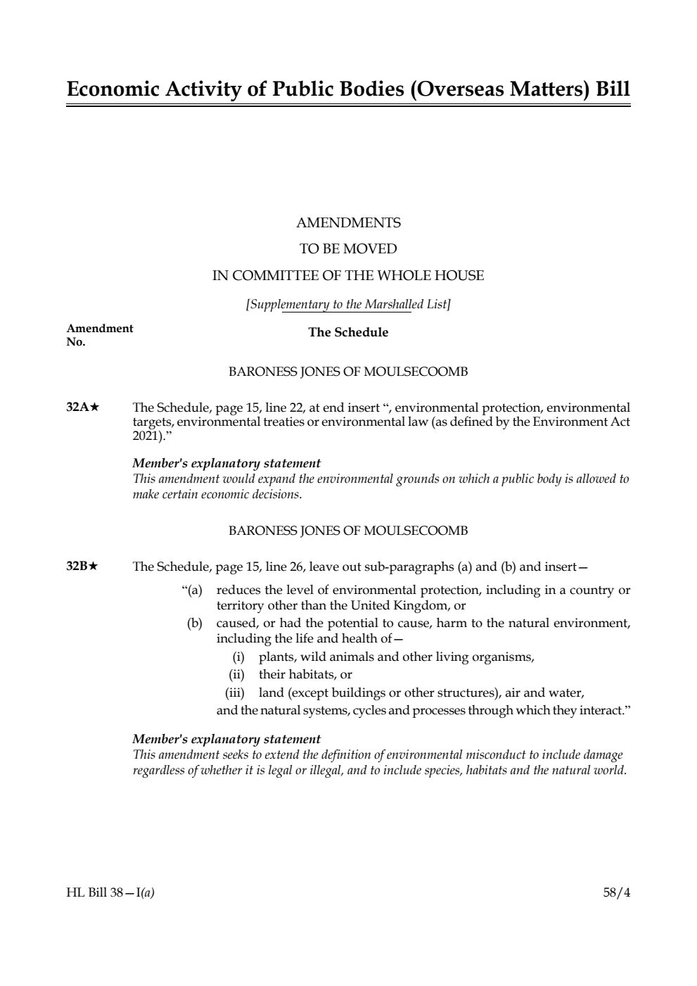 Economic Activity of Public Bodies (Overseas Matters) Bill Amendments to be moved in Committee of the Whole House [Supplementary to the Marshalled List]