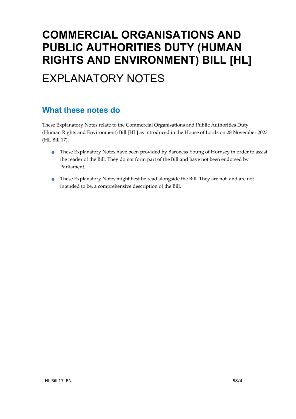 Commercial Organisations and Public Authorities Duty (Human Rights and Environment) Bill Explanatory Notes
