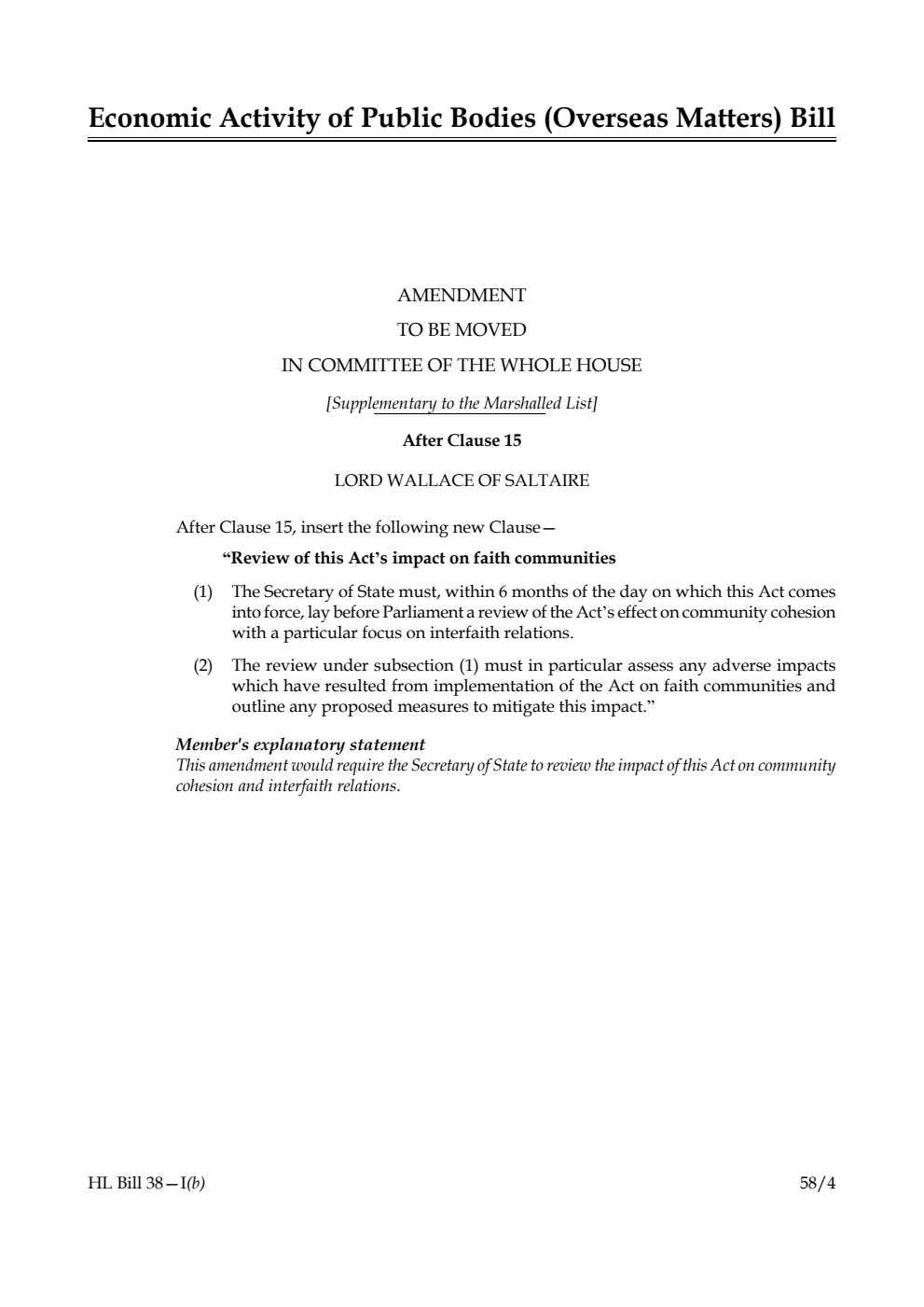 Economic Activity of Public Bodies (Overseas Matters) Bill Amendment to be moved in Committee of the Whole House [Supplementary to the Marshalled List]