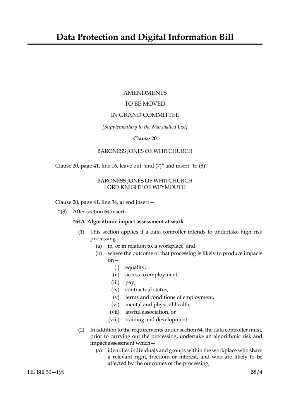 Data Protection and Digital Information Bill Amendments to be moved in Grand Committee [Supplementary to the Marshalled List] 