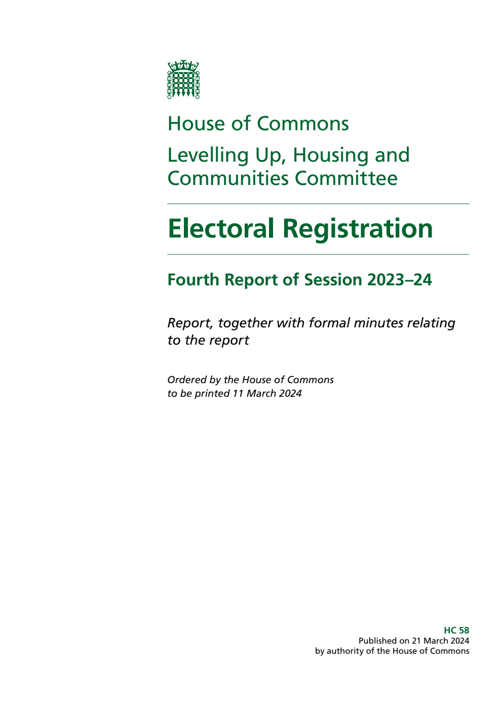 Levelling Up, Housing and Communities Committee 4th Report. Electoral Registration Volume 1. Report