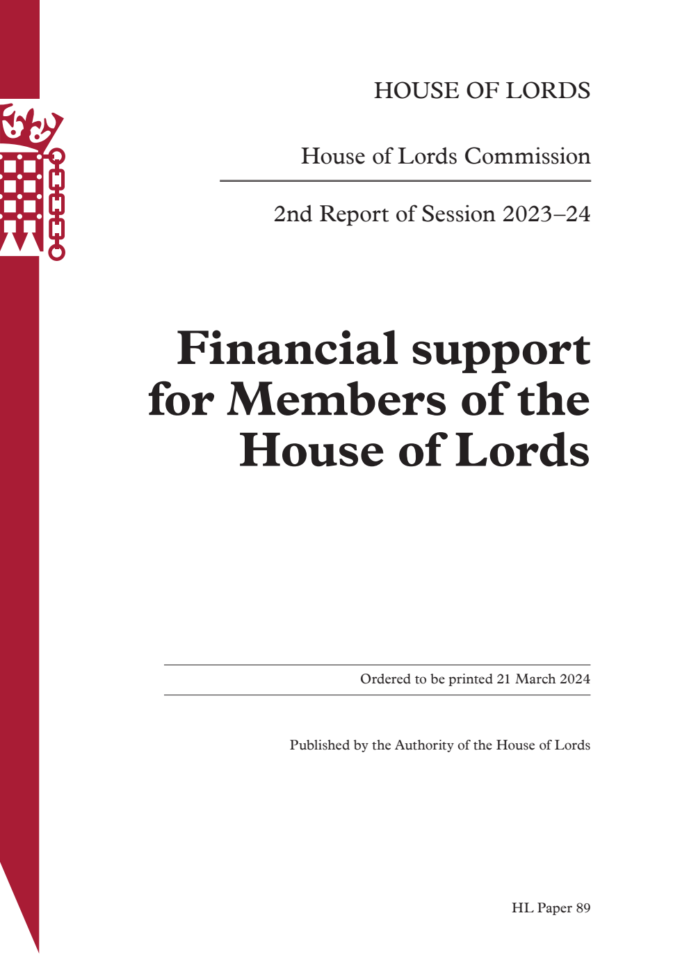 House of Lords Commission 2nd Report. Financial support for Members of the House of Lords
