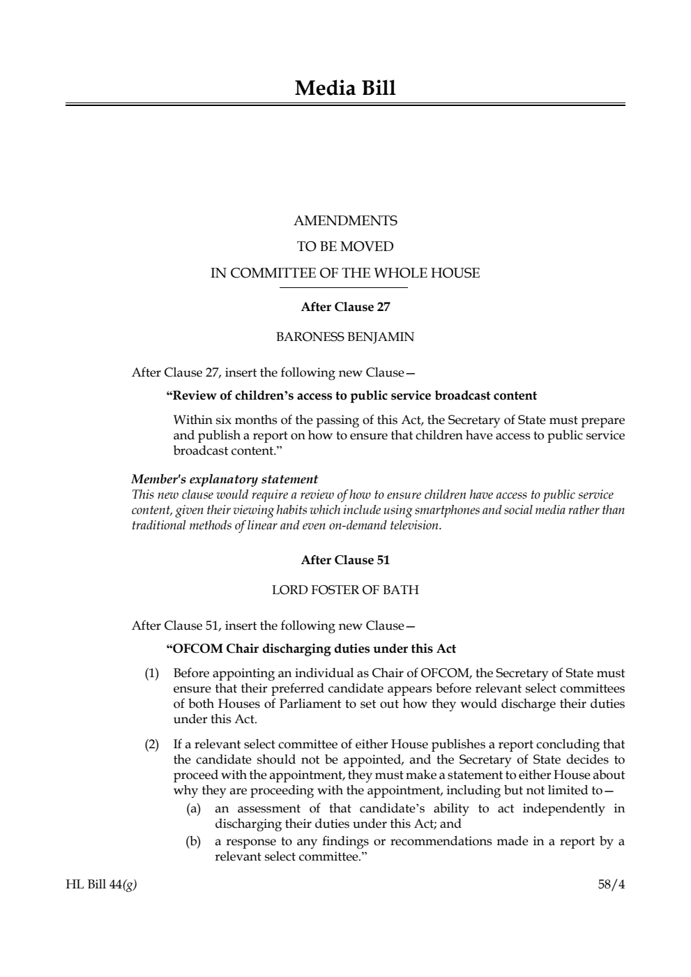 Media Bill Amendments to be moved in Committee of the Whole House