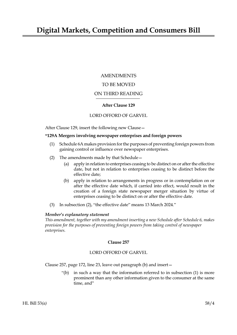 Digital Markets, Competition and Consumers Bill Amendments to be moved on third reading