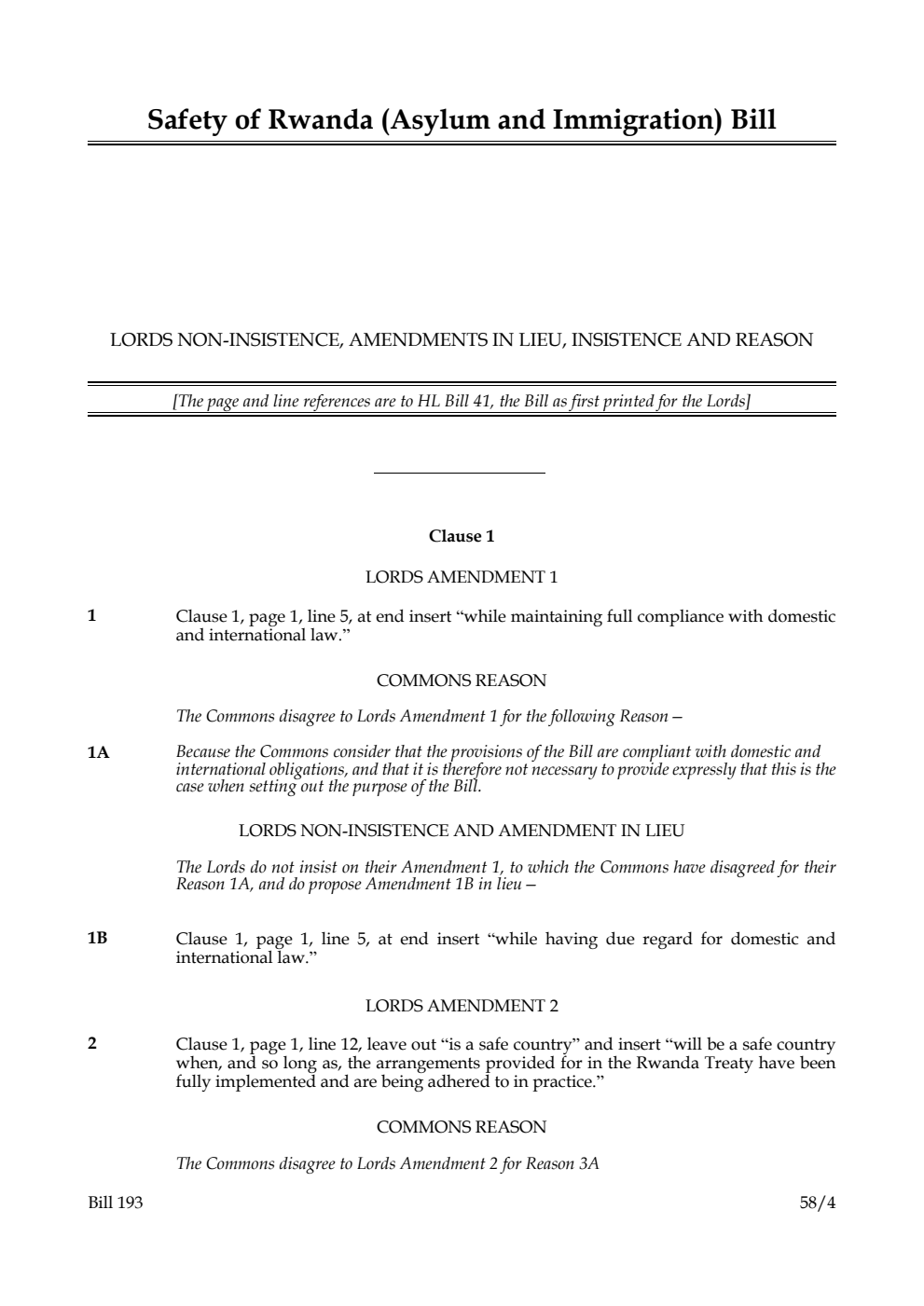Safety of Rwanda (Asylum and Immigration) Bill Lords non-insistence, amendments in lieu, insistence and reason