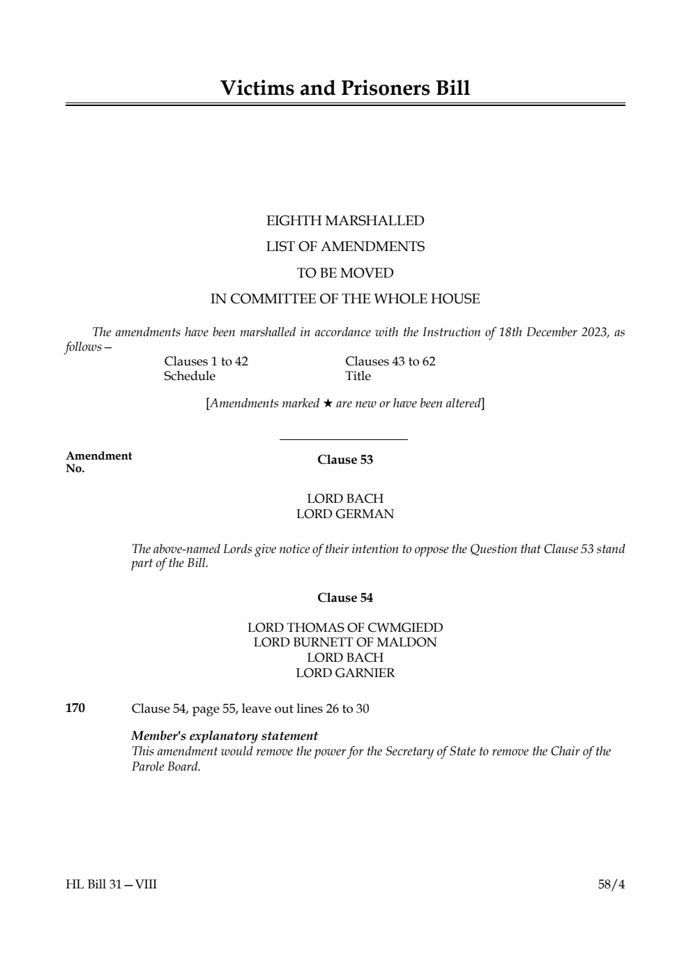 Victims and Prisoners Bill Eighth Marshalled List of amendments to be moved in Committee of the Whole House