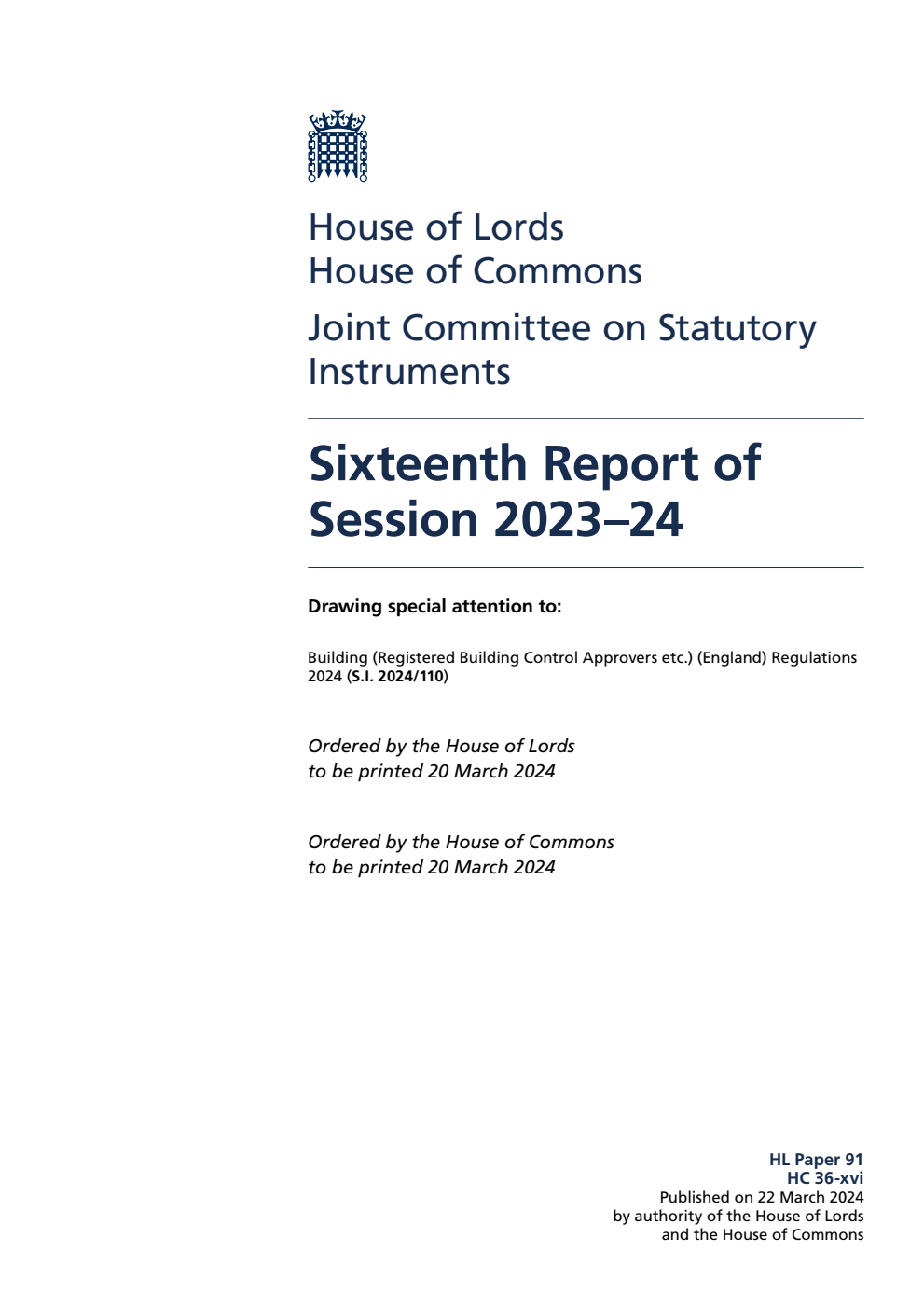Joint Committee on Statutory Instruments 16th Report of Session 2023-24