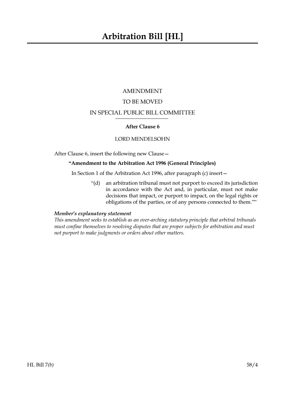 Arbitration Bill Amendment to be moved in special public bill Committee