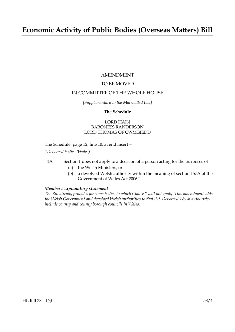 Economic Activity of Public Bodies (Overseas Matters) Bill Amendment to be moved in Committee of the Whole House [Supplementary to the Marshalled List] 