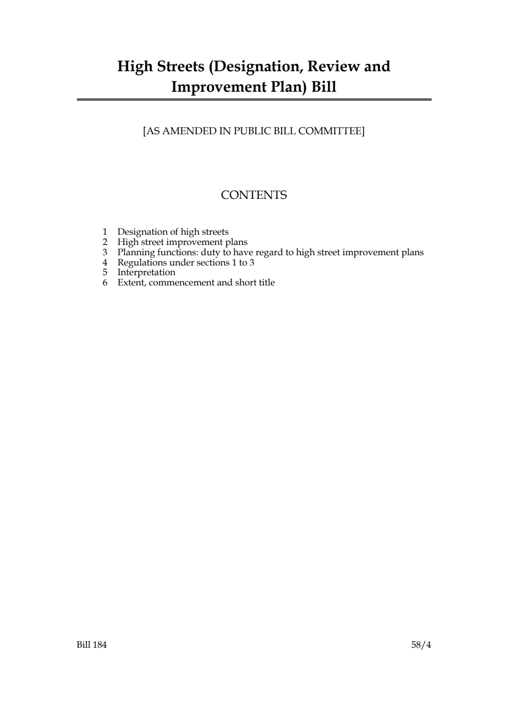 High Streets (Designation, Review and Improvement Plan) Bill [as amended in Public Bill Committee]