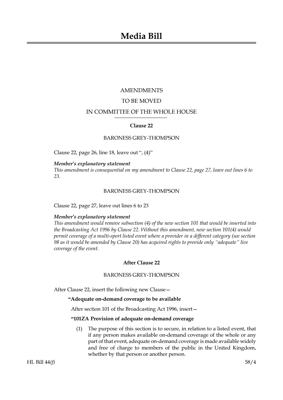 Media Bill Amendments to be moved in Committee of the Whole House